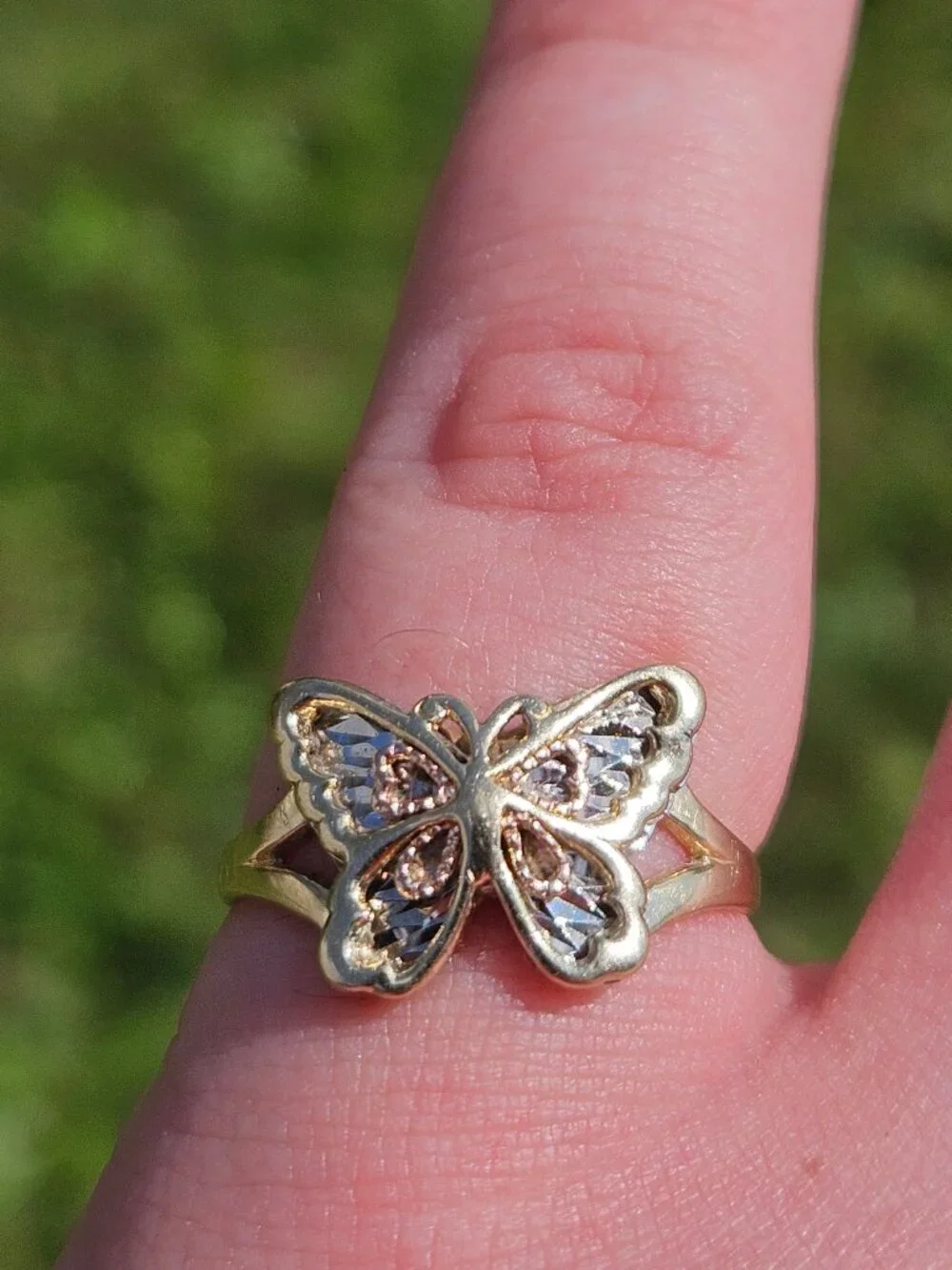 10K Tri Color 3 Tone Gold Butterfly Filigree Cocktail Ring 20x11mm Size 6.25